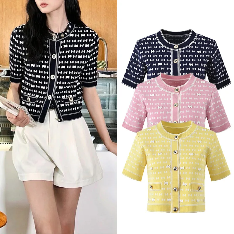 

Design Sensation Summer Knitwear round Ne ort Sve Knot Open Cardigan Slimming Effect Soft Sle Women's Top