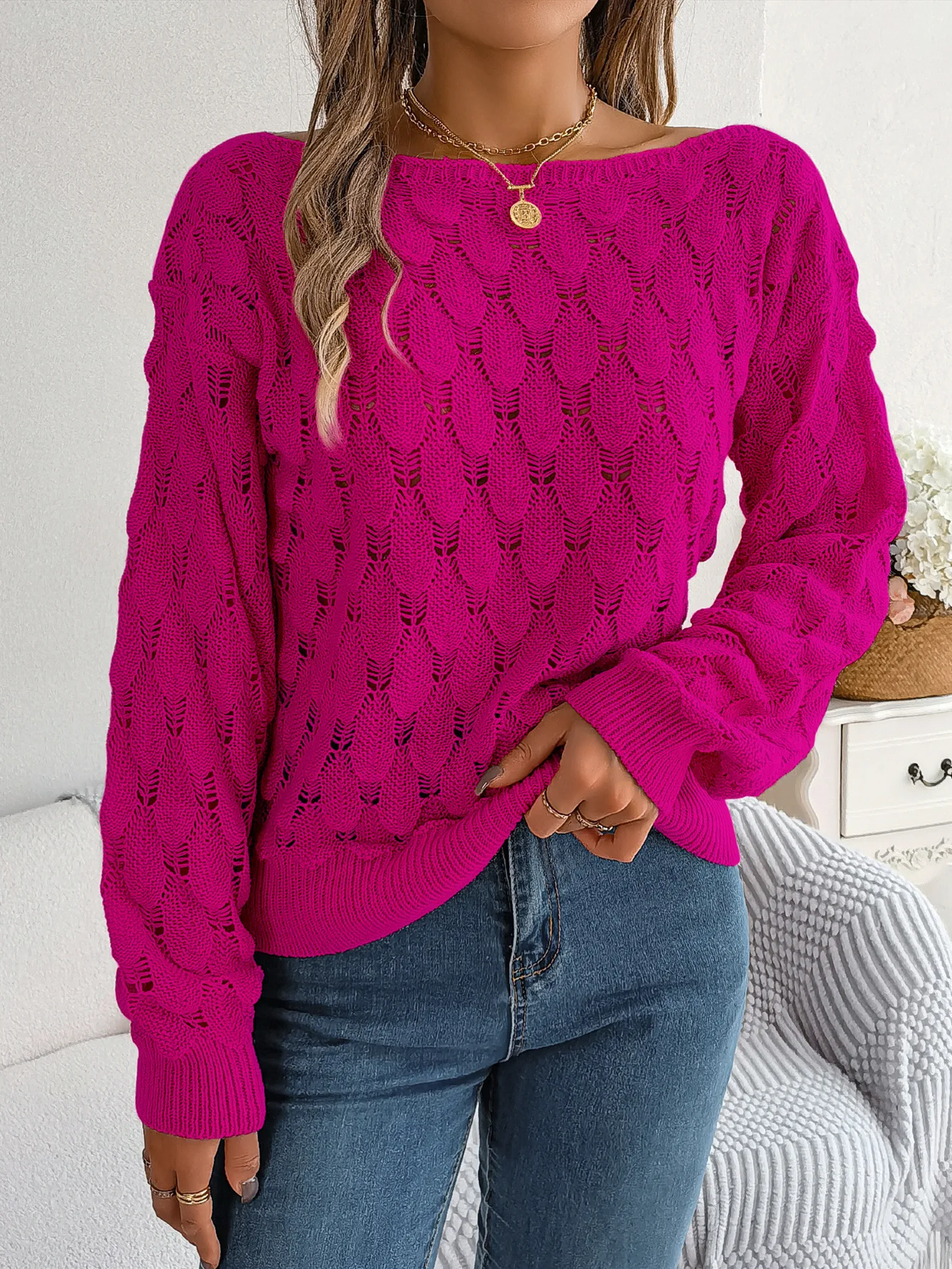 2025 Otoño Invierno suéter de mujer Tops suéteres mujer Casual pluma calado fuera del hombro suéter de manga linterna