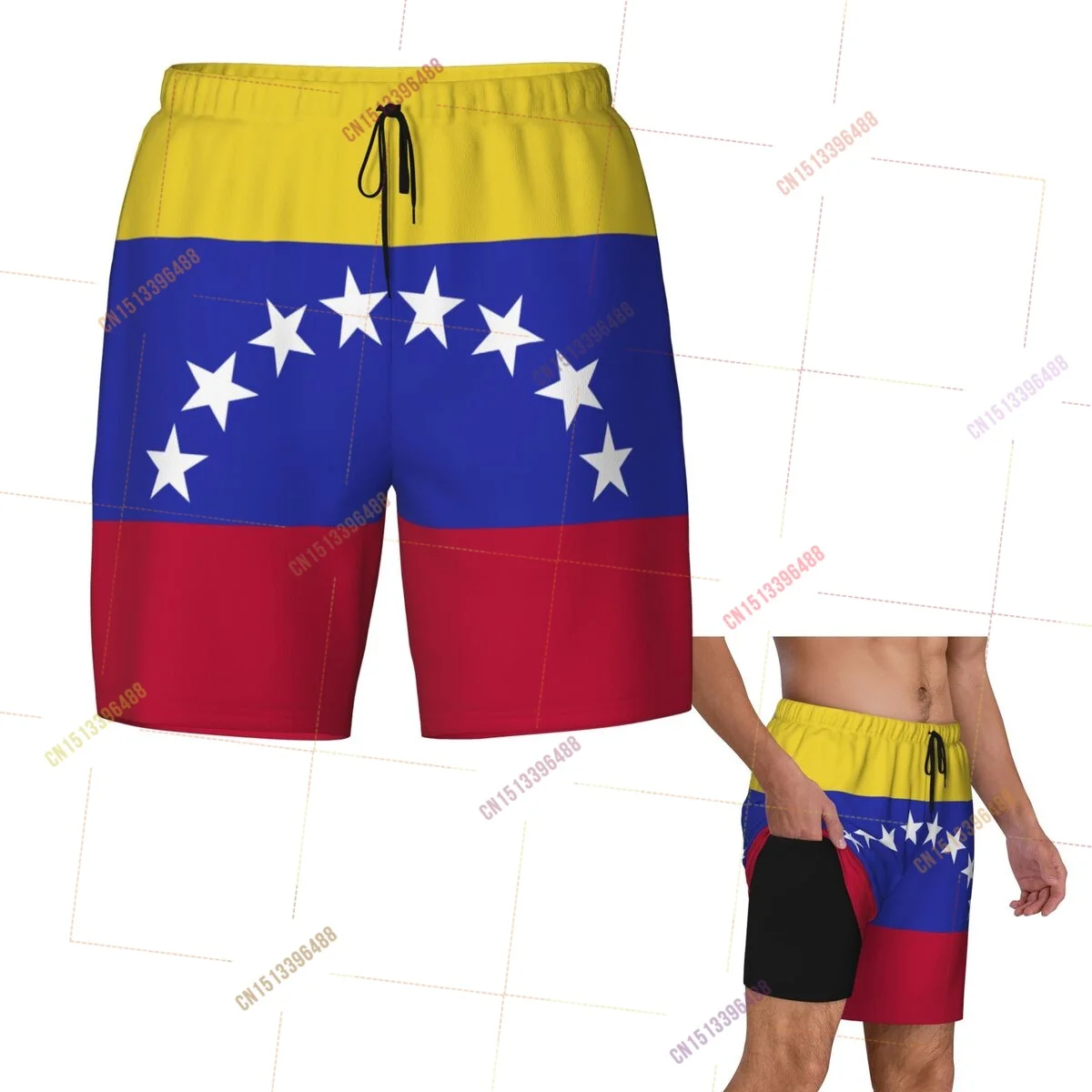 

2026 Venezuela Flag Top Print 3D Mens Swimming Trunks Hawaiian Bathing Beach 2 in 1 Quick-Dry Summer Swim Shorts With Pockets