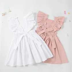 2024 New Summer Korean Style Baby Girls Princess Dress Linen Cotton Solid Color Sleeveless Kids Party Dress Sisters Clothes