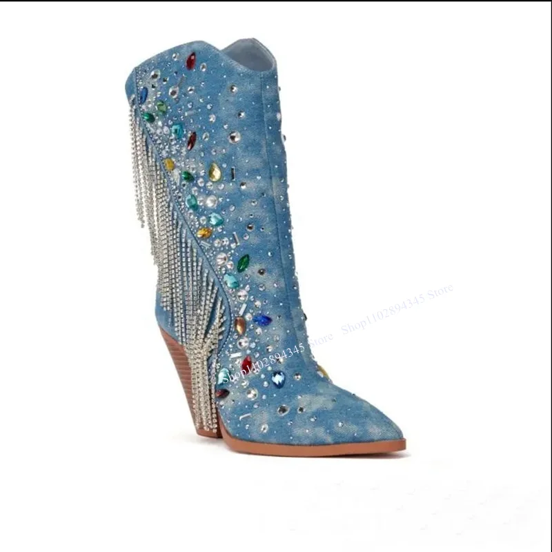 Blue Crystal Tassels Denim Boots Mid Calf Chunky Heel Pointed Toe Fashionable Sexy Summer 2024 Woman Shoes Zapatillas Mujer