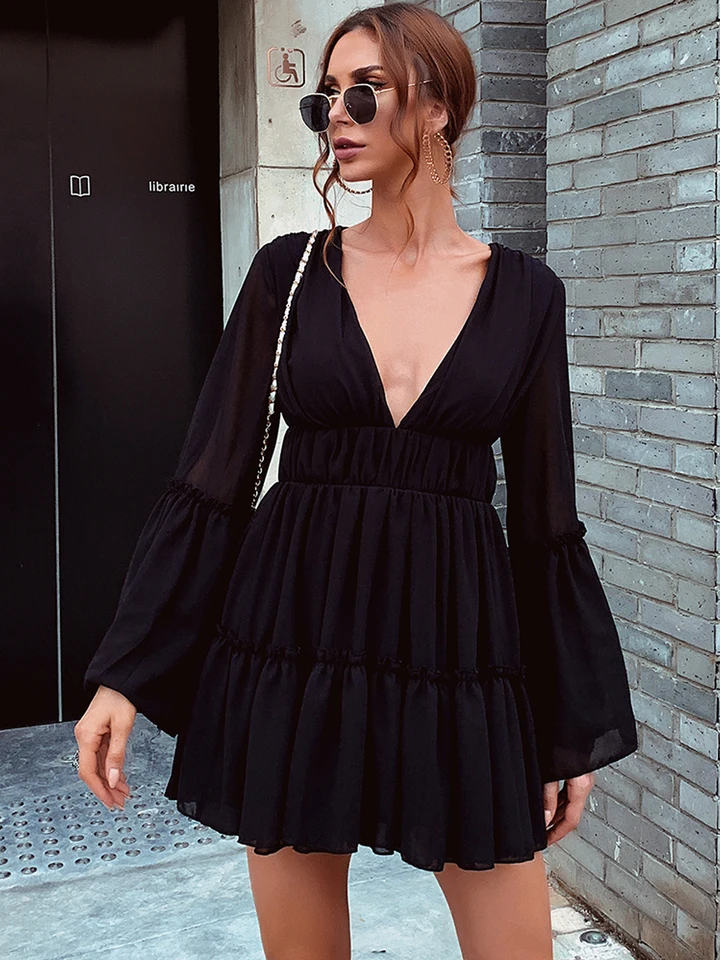 Missord Summer White Mini Dress Women Deep V Neck Flare Sleeves Ruffles  Beach Vacation Chiffon Dresses Woman Casual Party Dress - AliExpress  200000345