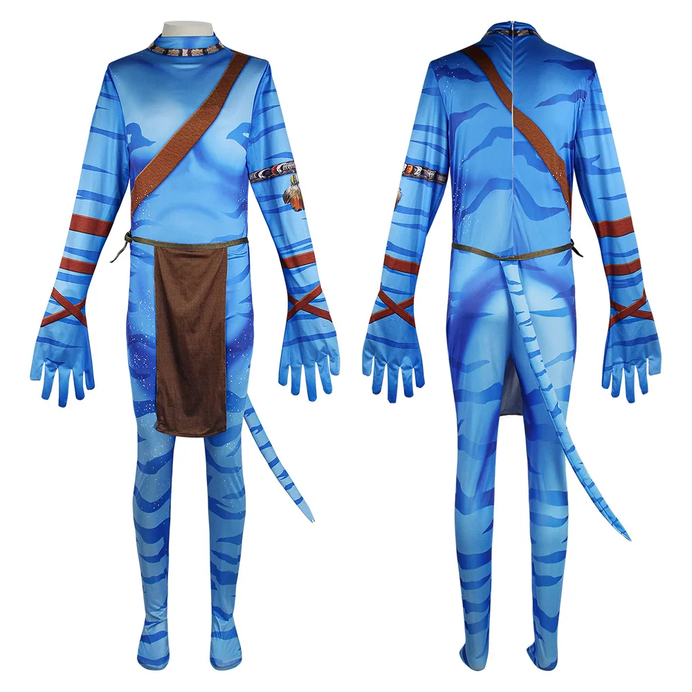 Avatar 2 Costumi Cosplay Movie La via dell'acqua Jake Sully Neytiri Neteyam 3D Zentai Tuta Maschera Donna Uomo Costume di Halloween Adulto Bambini Catsuit Set bambino bambina Tute a maniche lunghe Casco in lattice