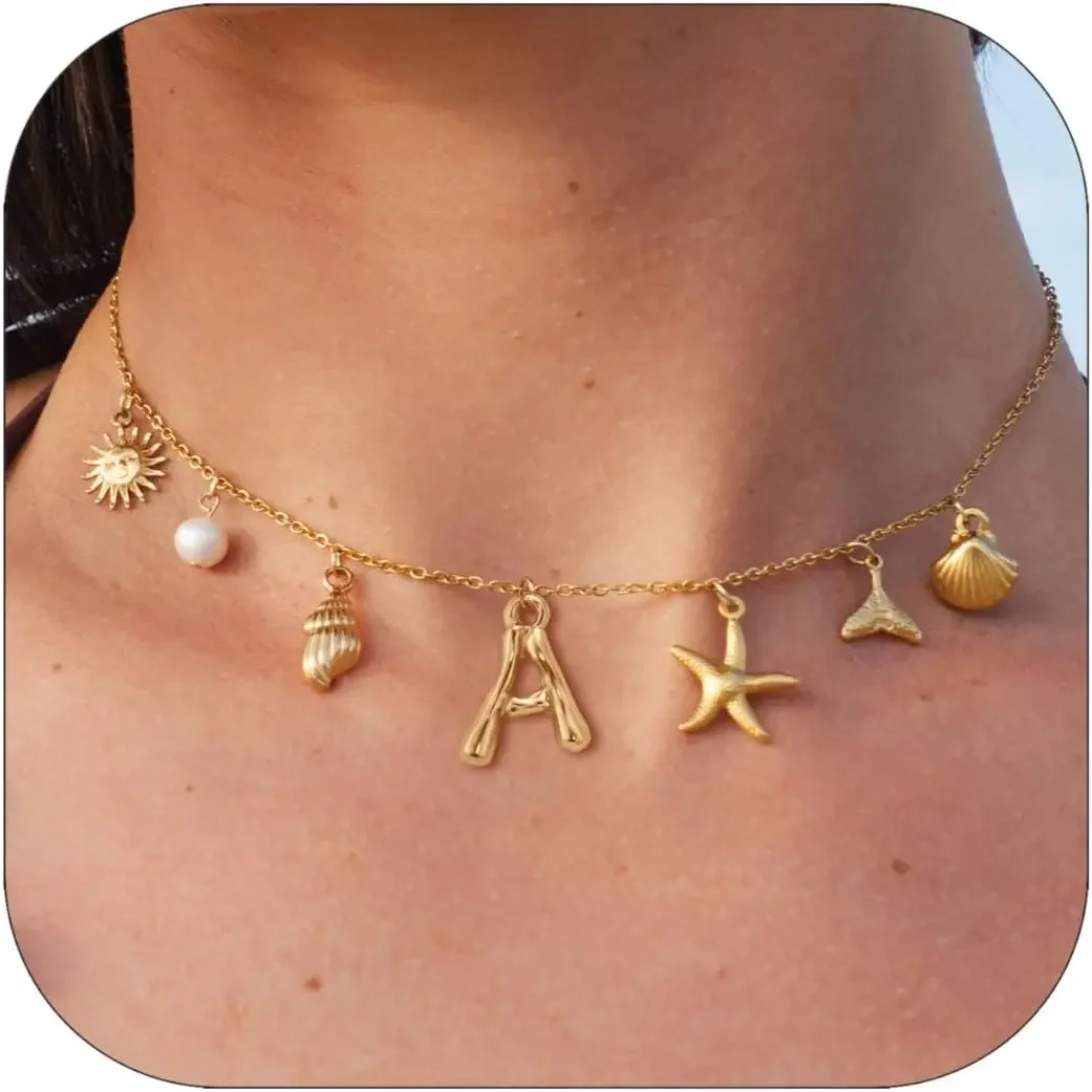 

Initial Charm Necklace For Women Shell Letter Necklaces Gold Charms Pendant Boho Summer Seashell Beach 14k Starfish Surfer Jewel