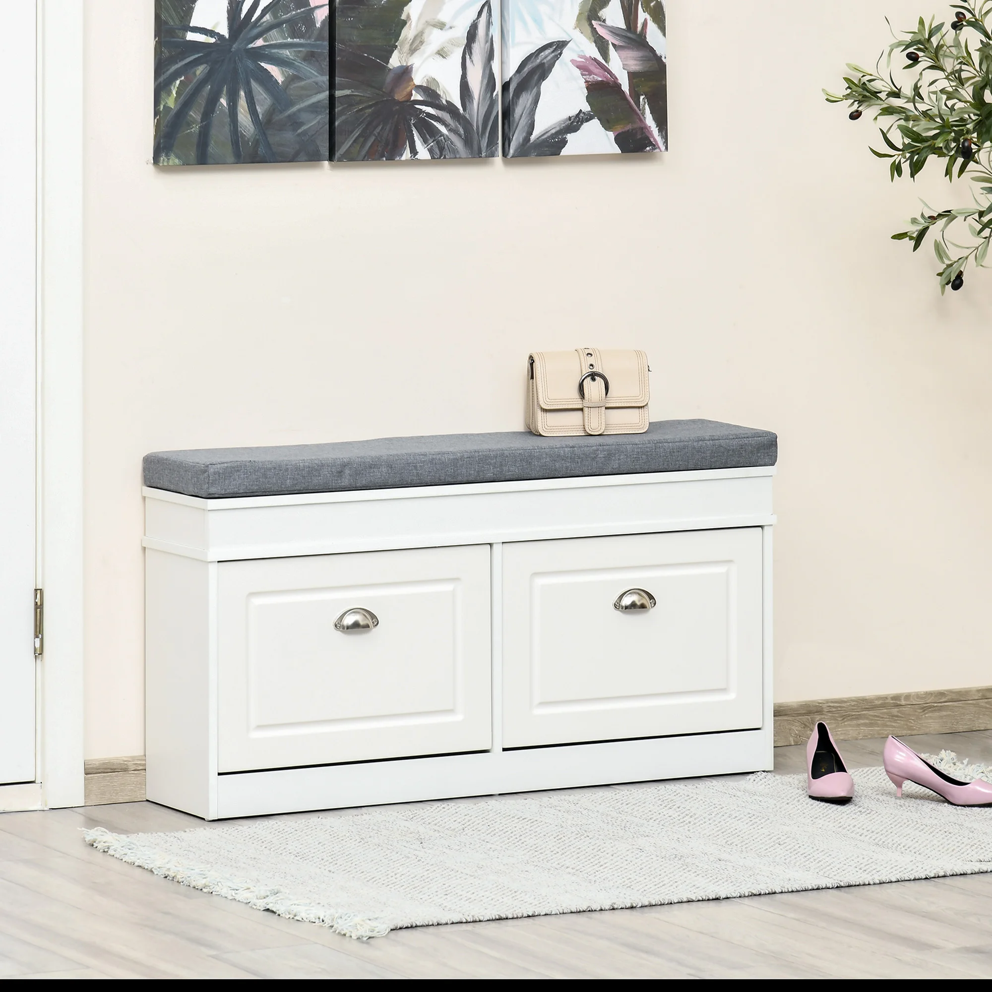 

Wood Shoe Rack Storage Bedroom Bench Cabinet Stool w/ Drawers & Cushion