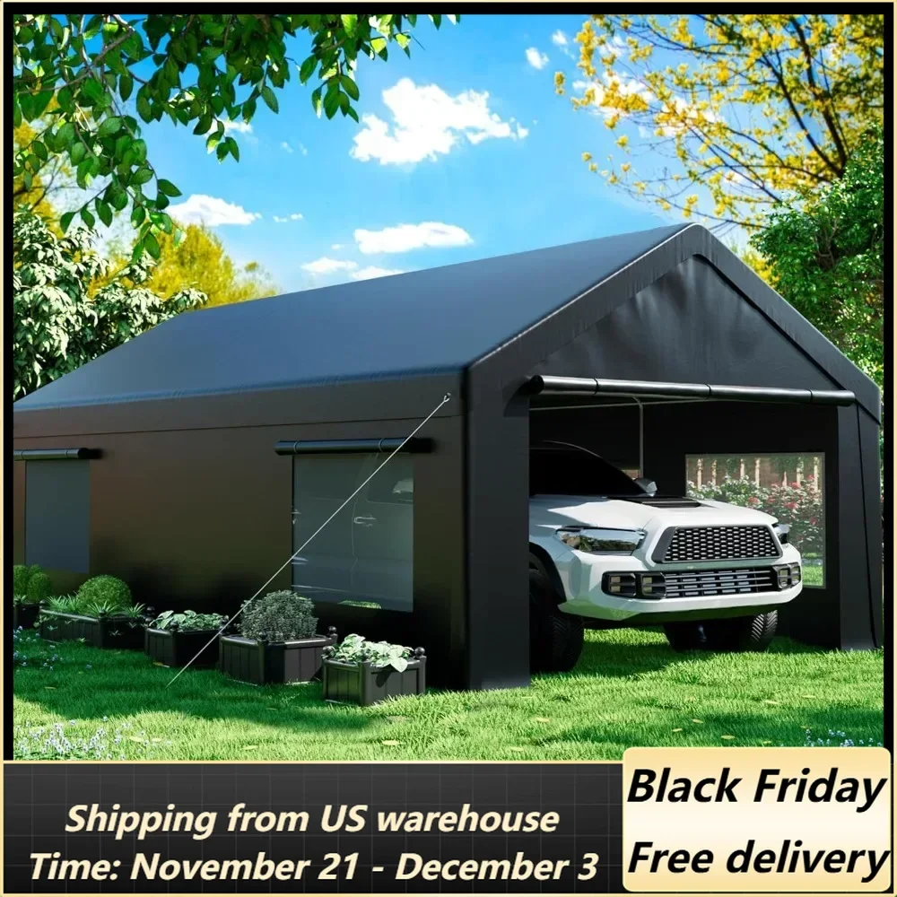 Carport 12' x 20' Heavy Duty Portable Garage, Carport Canopy with Side-Opening Door & Roll-Up Windows, Car Canopy Reinforced