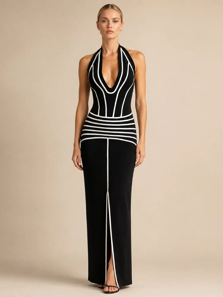 Sexy Halter V Neck Stripe Patchwork Bandage Dress Women Black Sleeveless Backless Split Bodycon Dresses Evening Party Gowns