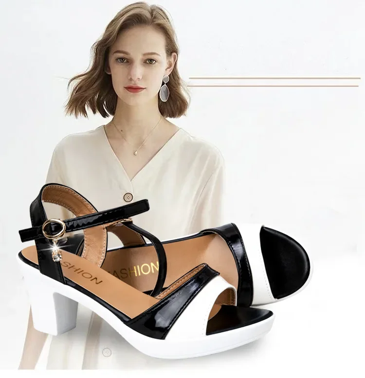 2023 Open Toe Women Thick Heel Shoes Black Beige Female Party Fashion New Buckle Mixed Colors Fish Mouth Summer Women\'s Sandals