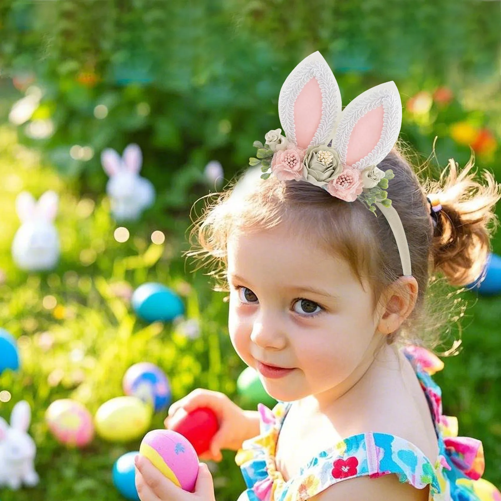 Squiggle Clip Bunny Rose Ears عيد الفصح عصابات الرأس للفتيات الصغيرات زهرة تاج الربيع عصابات الرأس مقاطع كبيرة #5