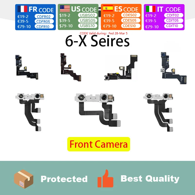 For Iphone Front Camera 6 6S 6SP 6P 7 7P 8 8P X XS XS MAX XR Facing Camera Replacement Lens Metal Case Flex Cable