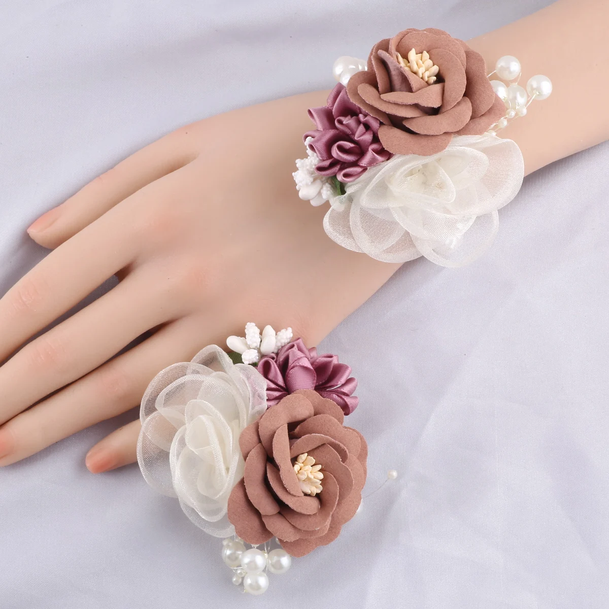 

Girl Bridesmaid Wrist flower wedding simulation camellia dance party Bride and groom corsage bracelet hand flower wedding XH820C