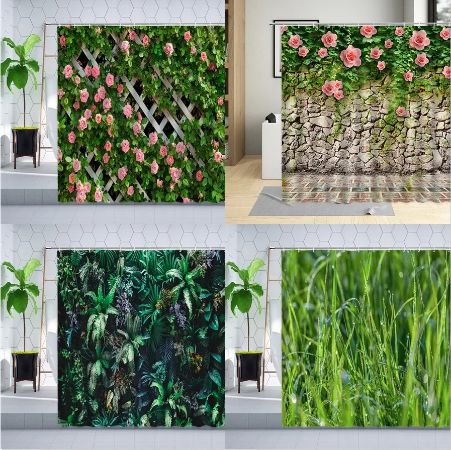 Flower Plant Flower Wall Shower Curtain Spring Scenery Green Leaf Lawn Natural Landscape Wall Cloth Decor Bathroom Curtains Set