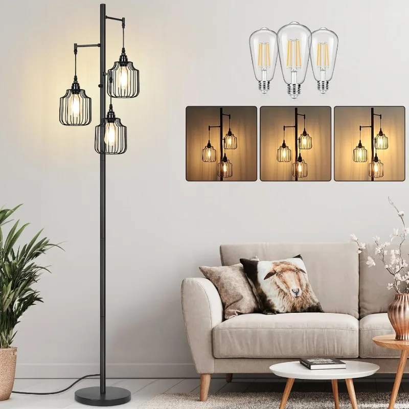 

Dimmable Floor Lamp with 3 X 800LM LED Edison Bulbs,Tall Standing Lamp for Living Room,Farmhouse Black Corner Floor Lamp,