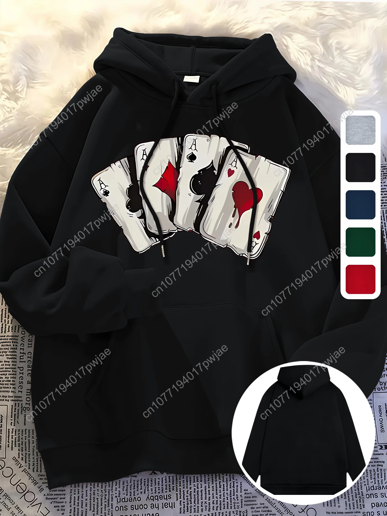 [Sudadera con capucha de póker de moda] Sudadera con capucha informal de moda para hombre - Negro con gráfico de tarjeta de póquer roja y blanca - Sudadera con capucha de invierno - Regular