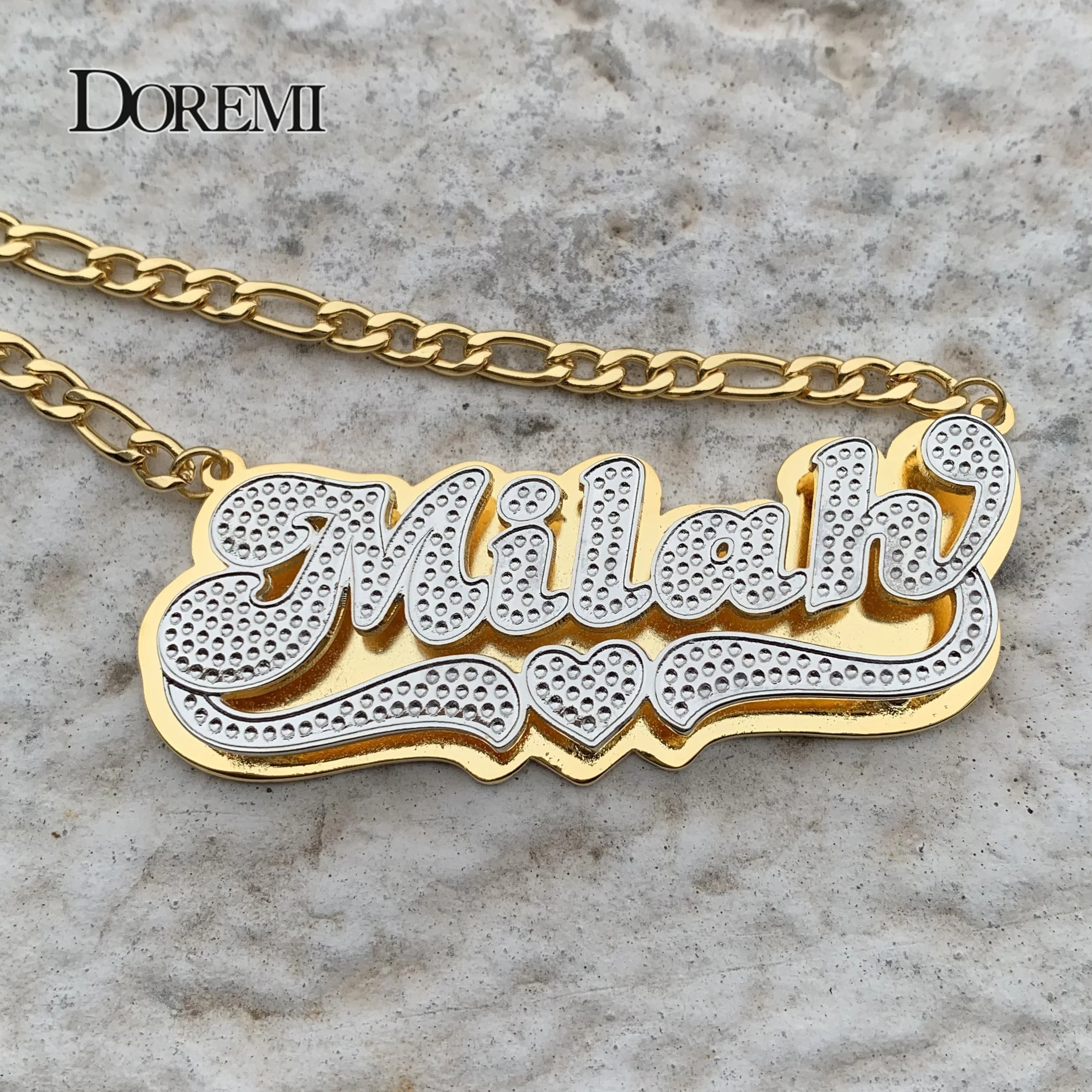 DOREMI 3D hip-hop Style Custom Name Necklace Figaro Layered Double color Personalized Nameplate Necklace Jewelry For Women Gift