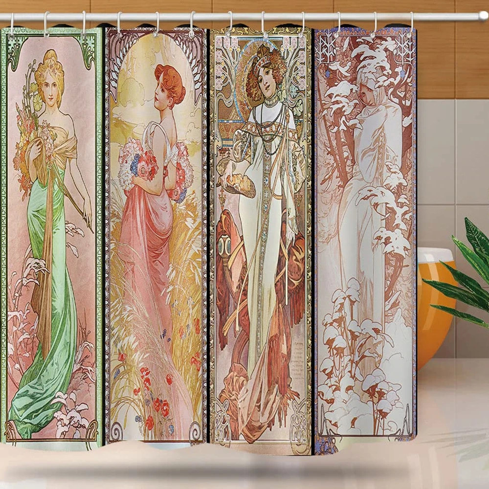 Art Nouveau Lady Shower Curtain,Aesthetic Art Times of The Day, Night\'s Rest,Evening Reverie,Daybreak,Morning Awakening Bath Set