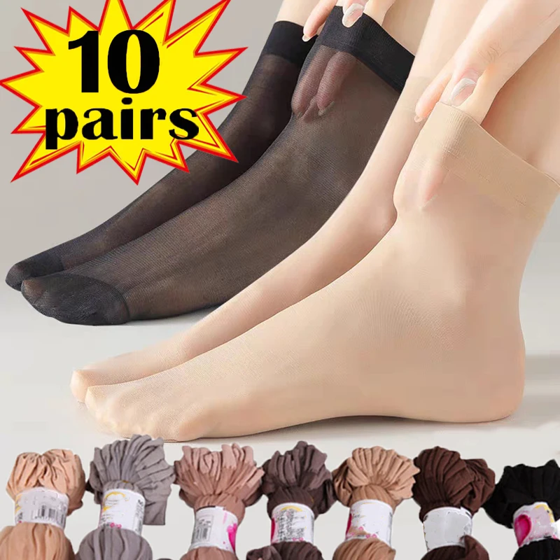 20Pcs=10Pairs Transparent Silk Socks Women Breathable Summer Thin Crystal Short Ankle Sock Female Non-Slip Nylon Slippers Sock