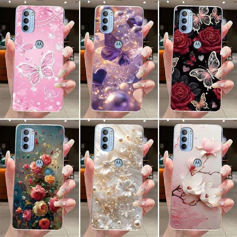 Para Moto G31 funda transparente de lujo a la moda mariposa flores suave TPU funda de silicona para Motorola Moto G31 G41 G 31 G 41 funda de teléfono