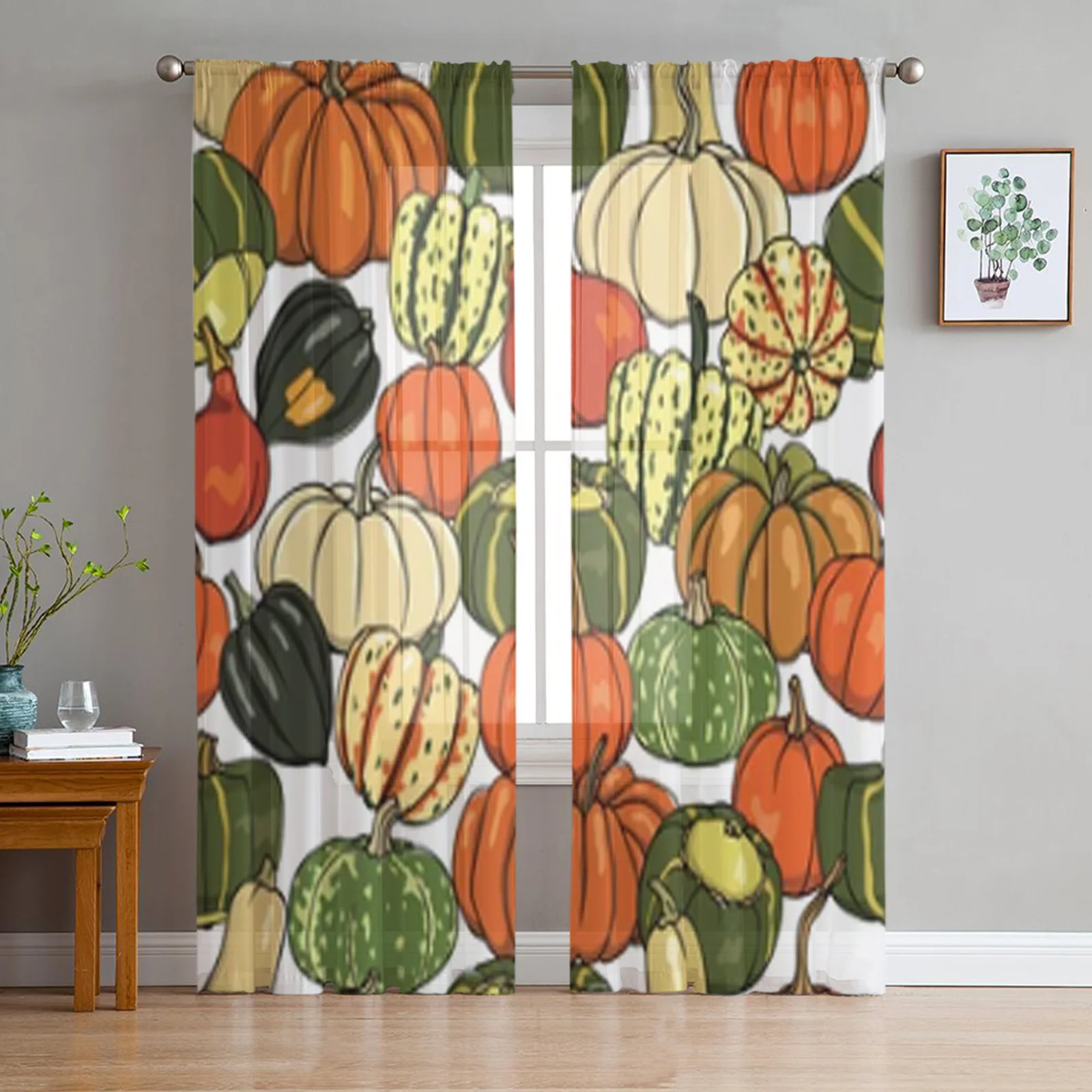 Hand Drawn Pumpkins Sheer Curtains For Living Room Kids Bedroom Tulle Curtains Kitchen Window Treatment Drapes