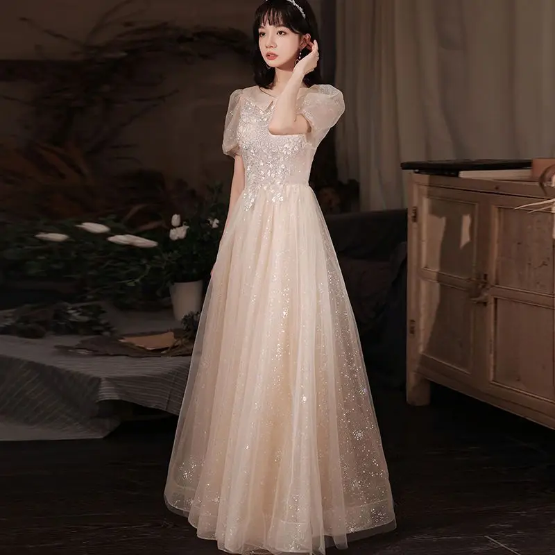 Champagne Tull Evening Dress Women Doll Collar Puff Sleeves Sequin Quinceanera Dresses Exquisite Elegant Graduation Gown