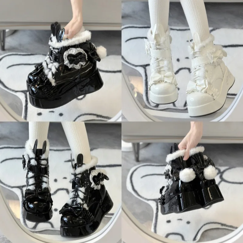 

Bow Snow Boots Lolita JK Thick Plush Lined Platform Short Boots Sweet Warm Winter Fashion Cotton Shoes Cute Lace-Up Footwear New