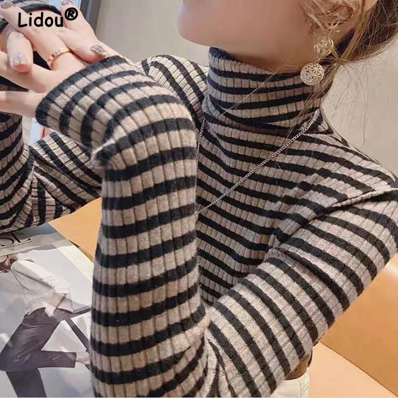 Autumn Winter Striped Turtleneck Knitted sweaters for women 2022 new long sleeve top Women sweater All-match bottoming shirt