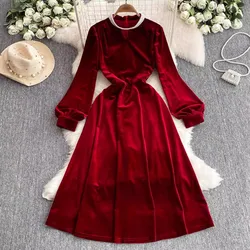 Vintage Women Pearls Beaded Stand Collar Velvet Midi Dress New Autumn Winter Sexy Hollow Out Long Sleeve Velour Party Clothes