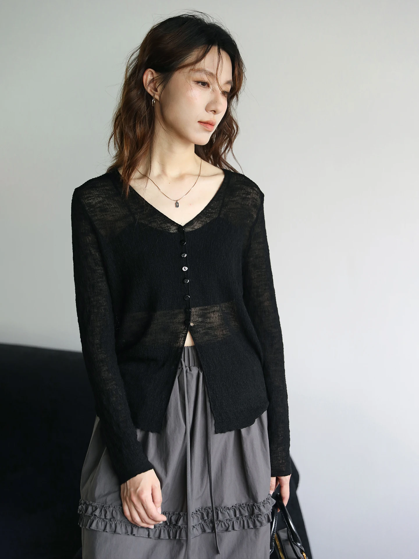 

Simple Black V-Neck Button Knitted Cardigan Women's Long Sleeve Slim Fit Sun Protection Shirt Versatile Thin Knitted Sweater ...