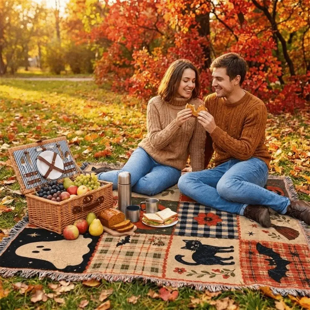 Creative Vintage Halloween Patchwork Blanket Warm Dark Style Pumpkin Ghost Blanket Black Cat Bat Print Soft Sofa Blankets Travel