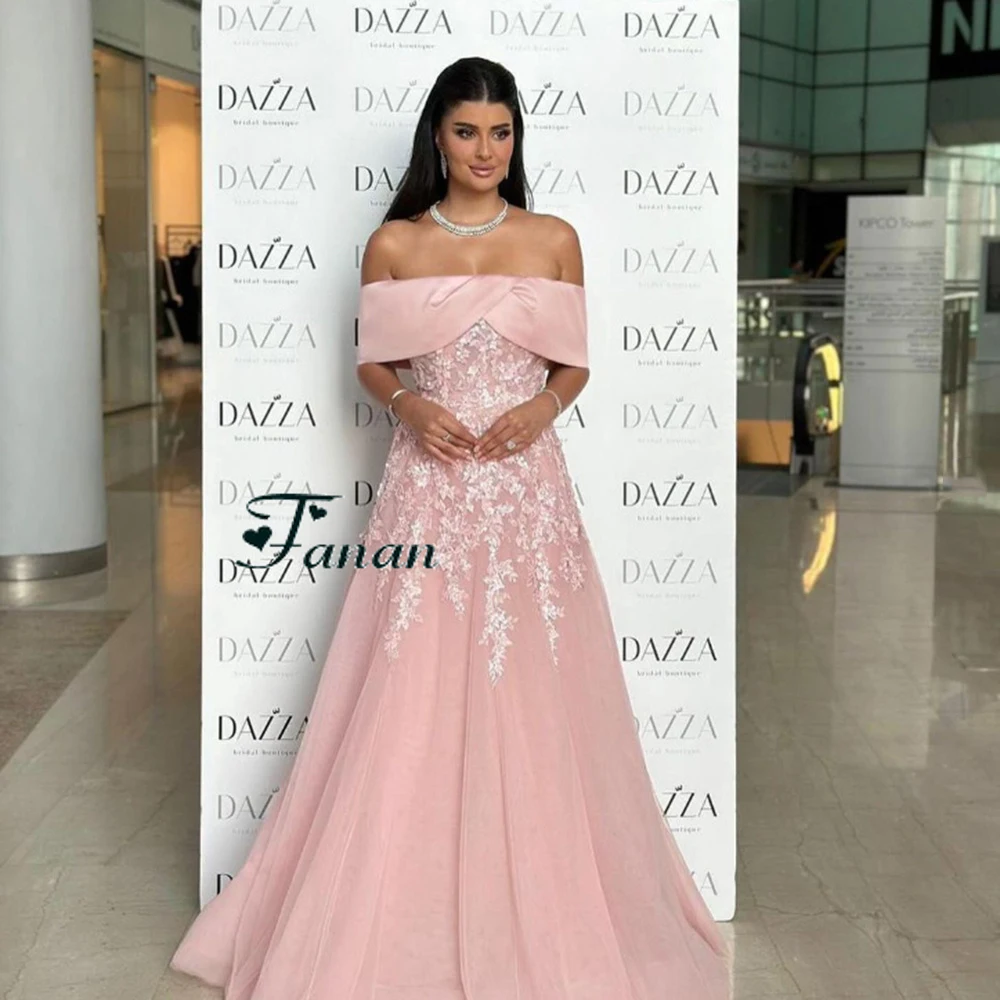 Customized Jiayigong Elegant Pink Tulle Simple Women Gala Gown Off the Shoulder Appliques Sexy Backless A-line Floor Length Even