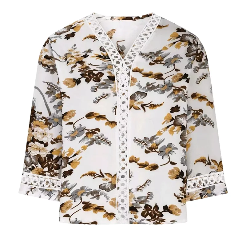 ABP-3/4 Length Sleeve Womens Summer Trendy Bell Sleeve V-Neck Dressy Casual Ethnic Bohemian Print T-Shirt