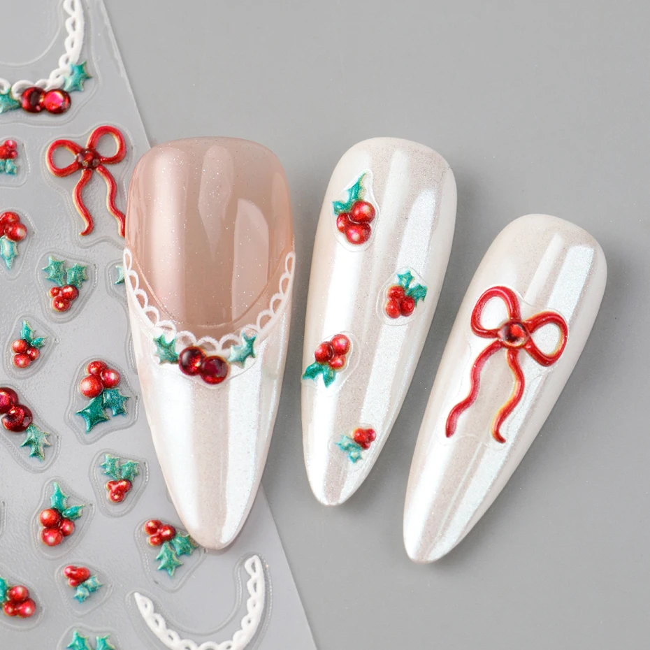 Autocollants à nœud papillon de canneberge en relief 5D, pour ongles, arbres de noël, flocons de neige, Design auto-adhésif pour Nail Art, décoration d'ongles pour nouvel an, DIY bricolage