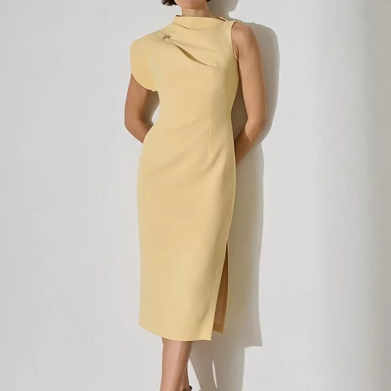 Verão lado split fino ajuste sexy vestidos longos amarelo assimétrico cintura alta a linha vestido senhoras elegante vestido de festa de deslocamento