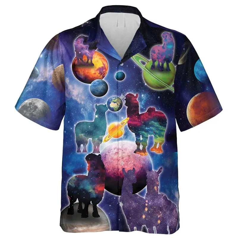 Alpaca Graphic Hawaiian Shirt Men Funny Animal Galaxy 3D Print Blouse Summer Button T-Shirt Short Sleeve Aloha Shirts Lapel Tops