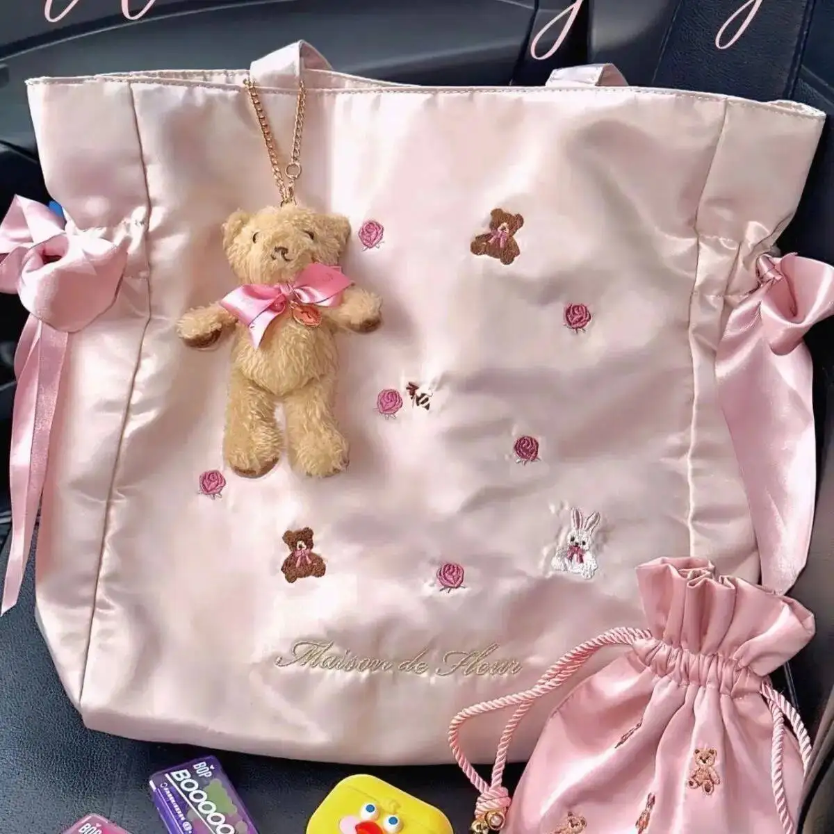 

Bloom Haruku Pink Handbag Women Rabbit Bear Embroidery Large Capacity Shoulder Tote Bag Ladies Fairycore Y2k Bags Aesthetic