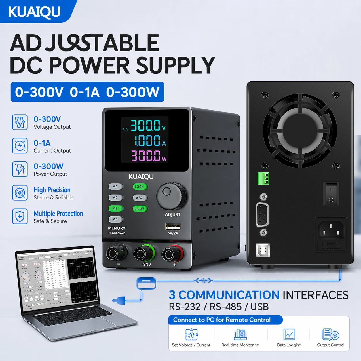 KUAIQU Digitales Einstellbares DC-Netzteil 30V 60V 120V 200V 300V Variables Labornetzteil CV CC RS232 USB RS485