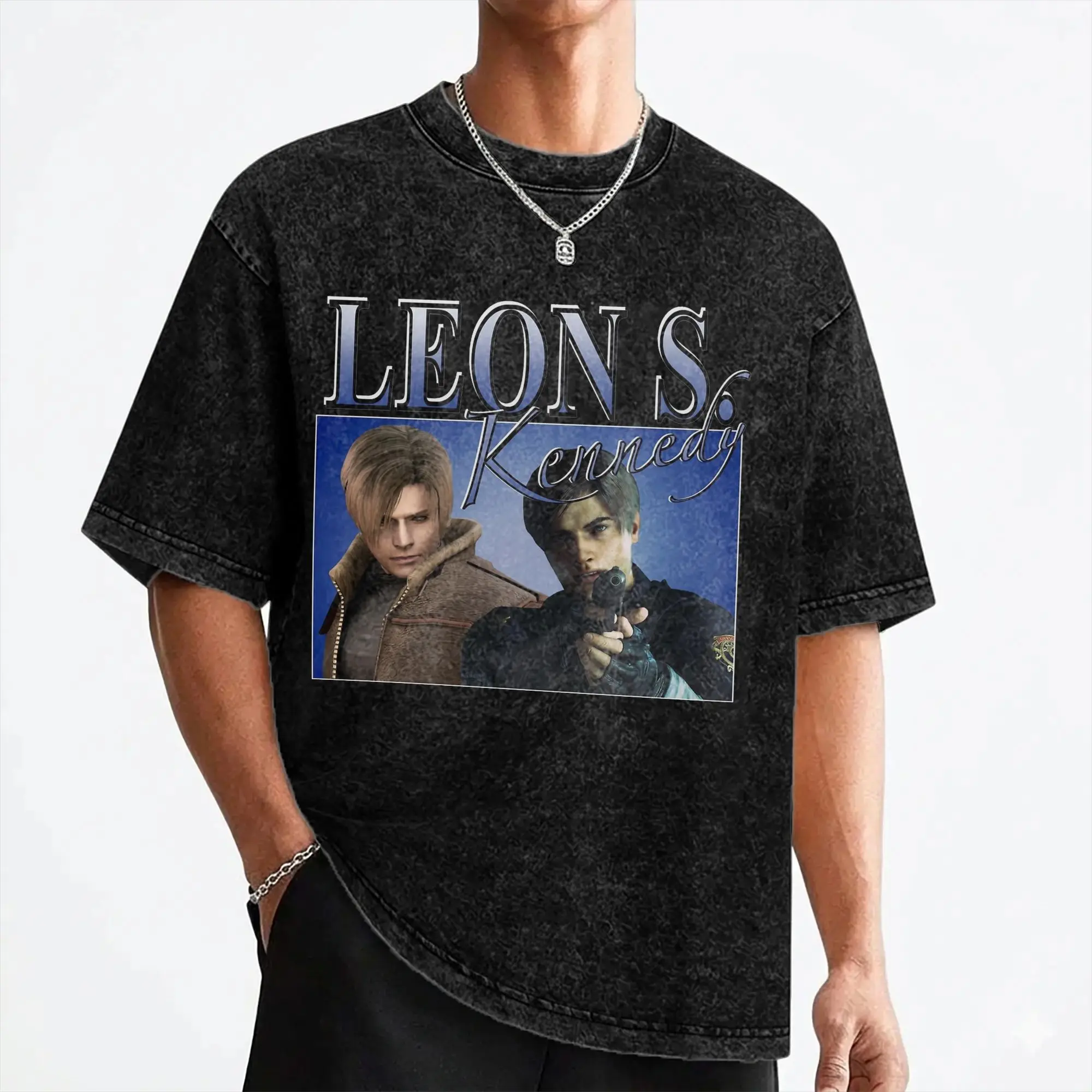 Leon S. Kennedy Washed T Shirt Streetwear Vintage T-Shirt Tees for Men Women Short Sleeve Harajuku Summer