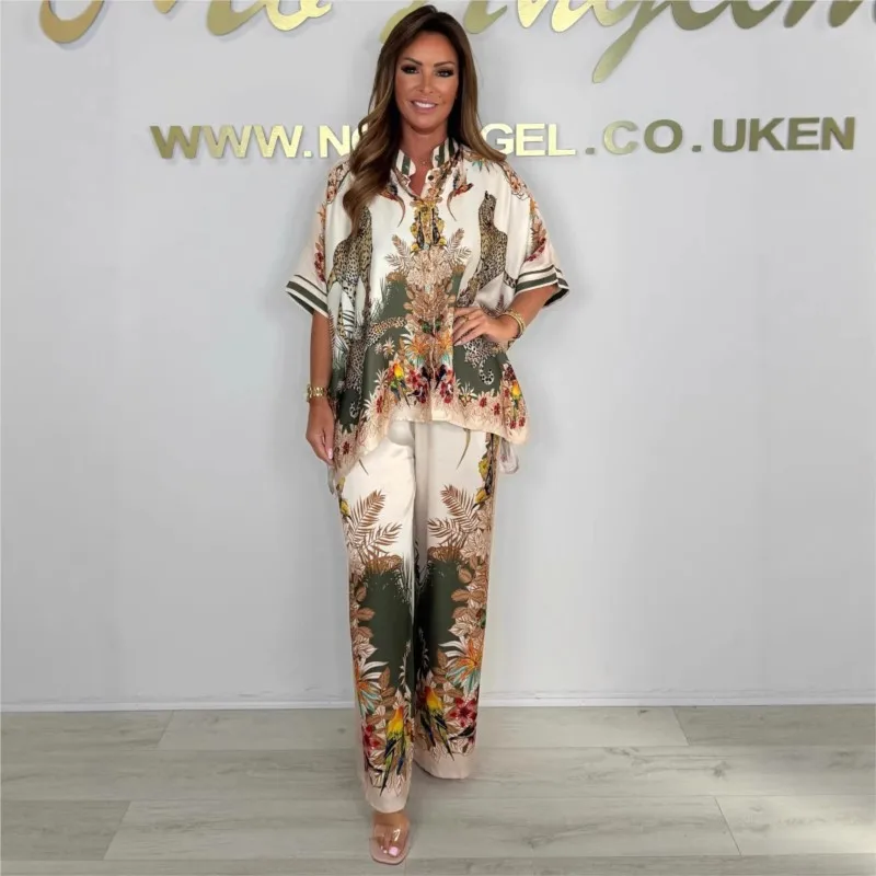 

2025 New Printed Satin 2-piece Set Women's Fashionable V-neck Half Sleeve Top Trousers Loose Casual Beach Holiday Two Piece Sets