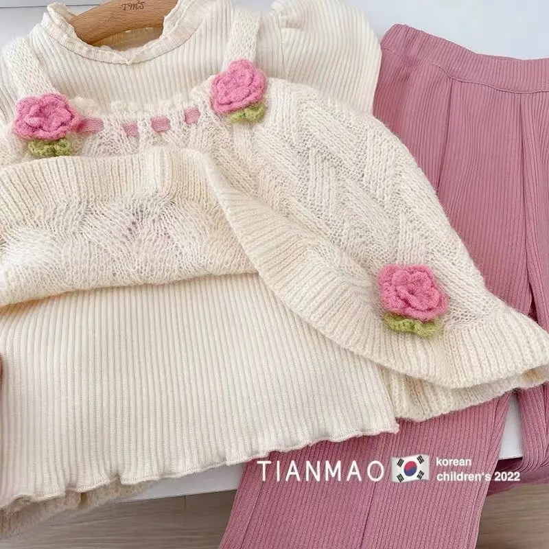 Children Cute Tops Clothing Spring Autumn Girls Clothes Set New Fashion Korean Style knitting Vest Shirts Flare Pants Kids