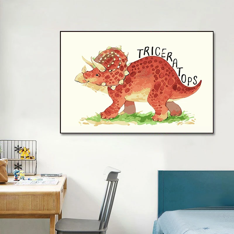 الألوان المائية ديناصور المشارك الحضانة الصبي غرفة ديكور الرسم على لوحات القماش الجدارية الكرتون الحيوان صورة الاطفال غرفة الطفل الديكور #3