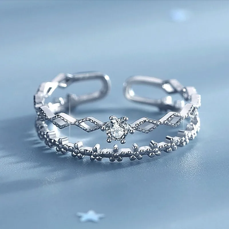 VENTFILLE 925 Sterling Silver Flower Lace Ring Korean Fashion Opening Inlaid CZ Adjustable Rings Valentine's Day Gift image 2