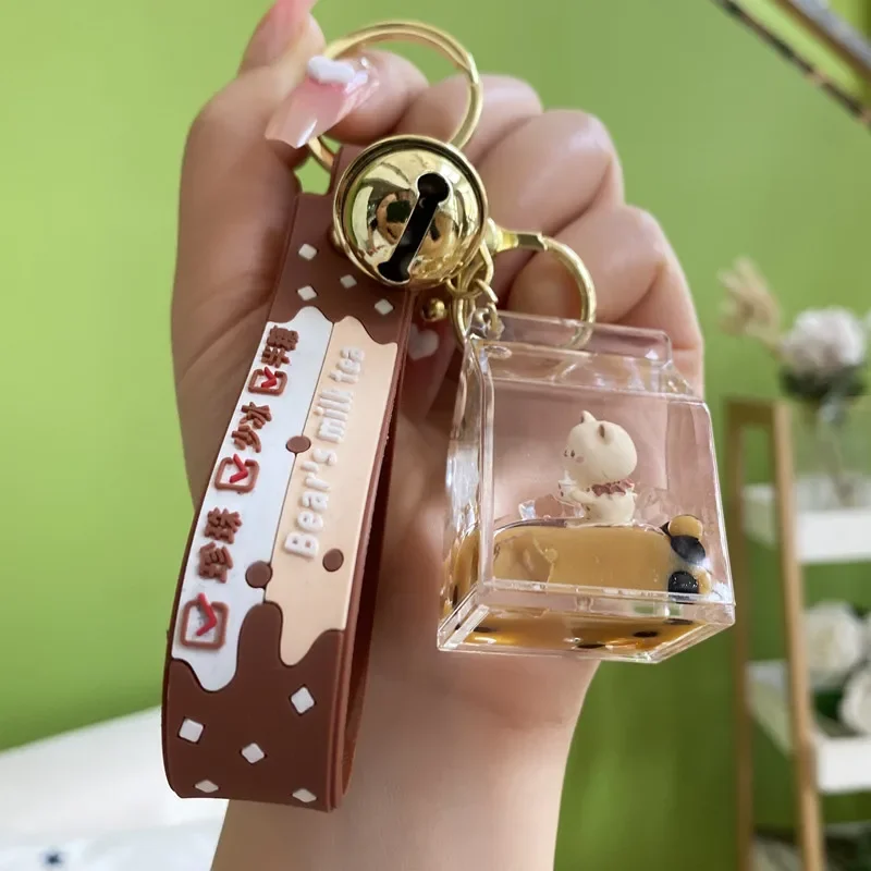 Cartoon Into Oild Pearl Milk Tea Bear Floating Liquid Keychain for Girl Bag Pendant Cute Mug Drink Bottle Keyring Key Charm Gift