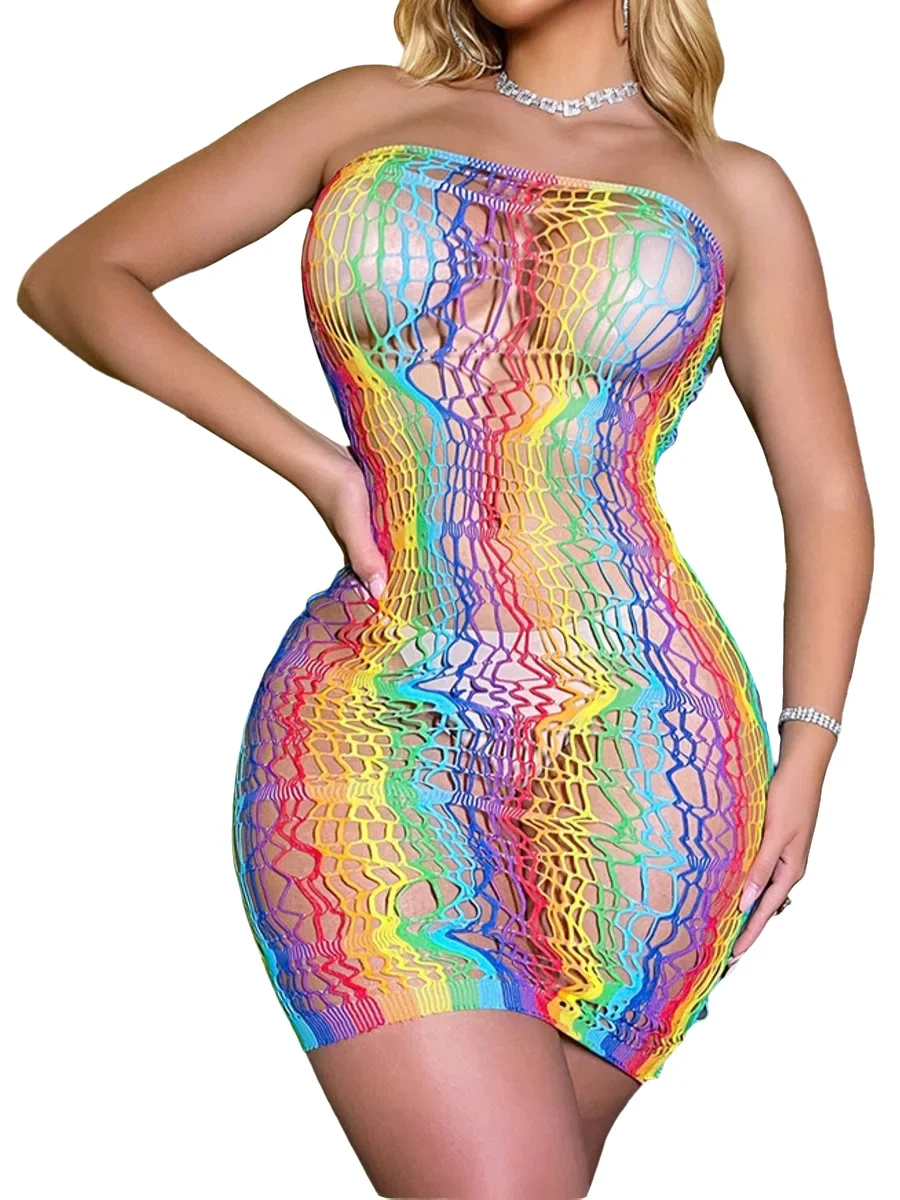 Colorful Sexy Transparent Hollow Sexy Tight Mesh Top Off-the-shoulder Bodycon Mini Dress Backless Sleeveless Dress Charming CXYB