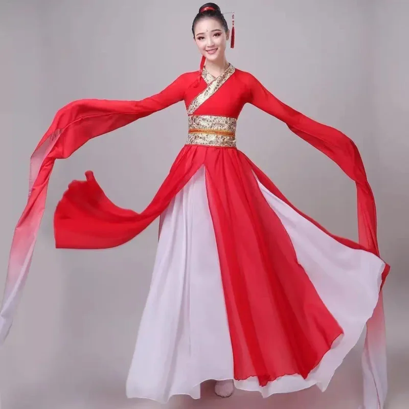 Традиционный китайский народный танец, классическая танцевальная одежда с рукавами воды, Jinghong Hanfu, сценический костюм, одежда для выступлений, женский костюм