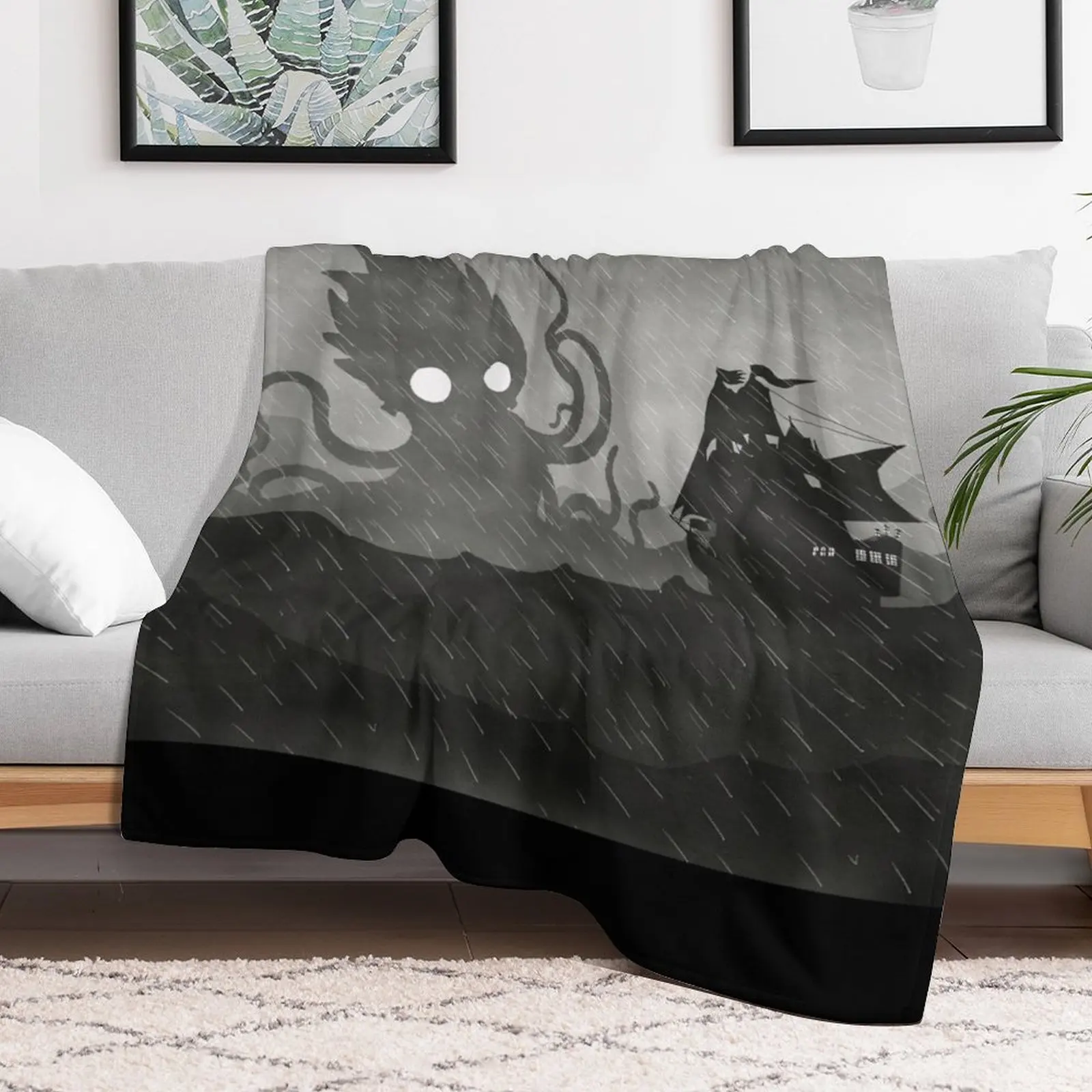 Rainy Ship & Kraken Throw Blanket wednesday Decoratives Plush Polar Blankets