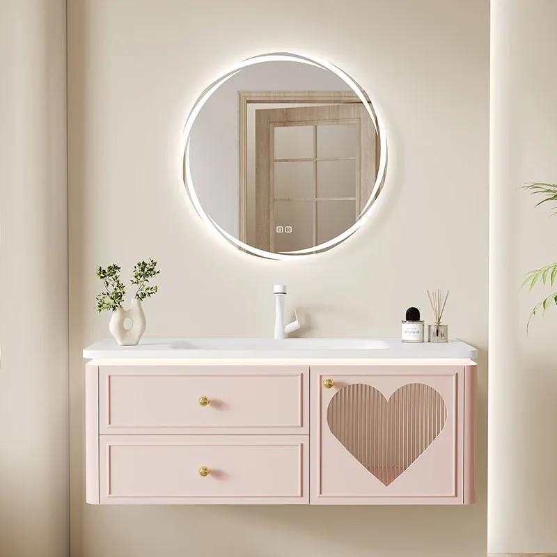 

pink fashion bathroom vanity unit and sink cream style space saving bathroom cabinet multifunctional muebles baño home furniture