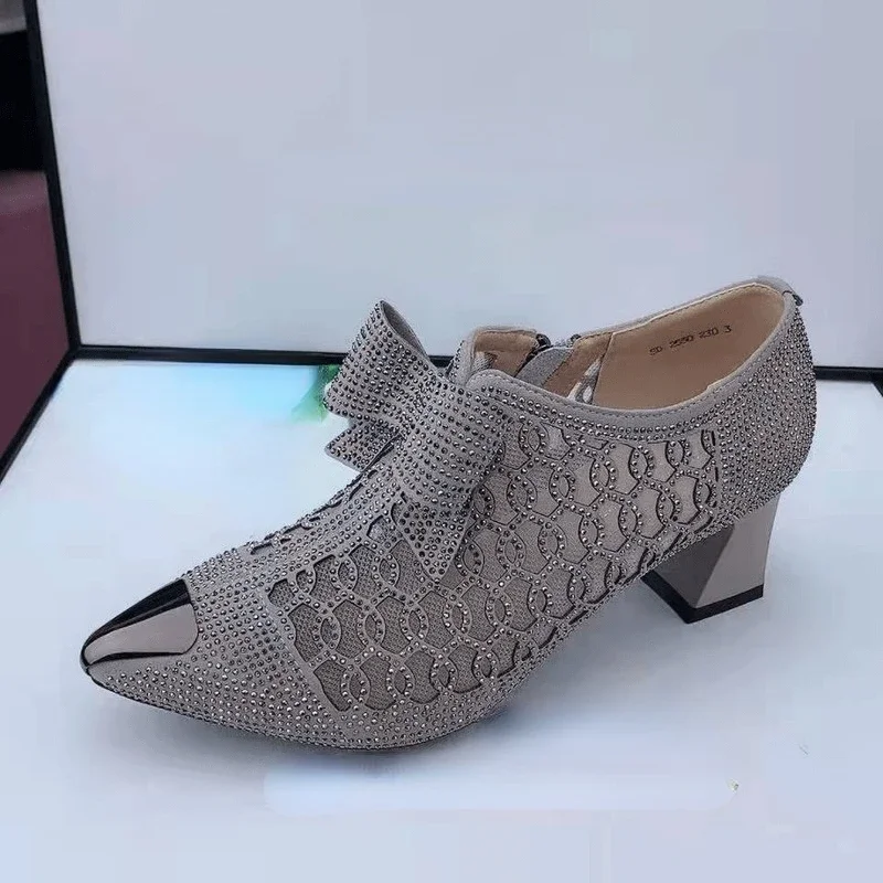 Hollow Mesh Shoes Women\'s 2024 Summer Fashion Rhinestone Square Heel Pointed Toe Size 43. Zipper Bow Sandals Women Sandalis