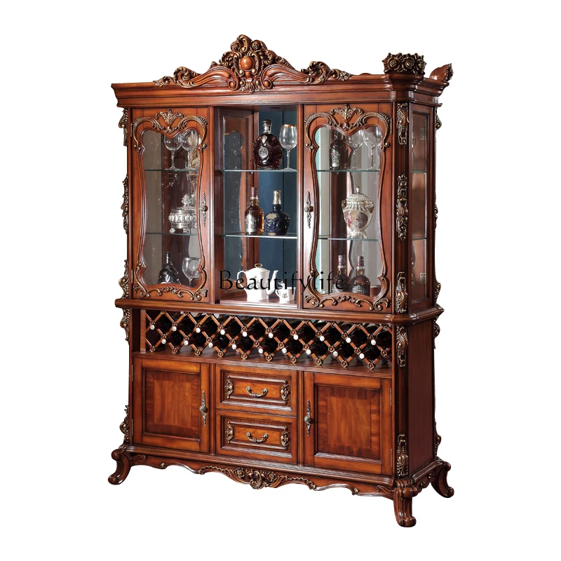 American rural solid wood wine cabinet carved partition European luxury glass display cabinet