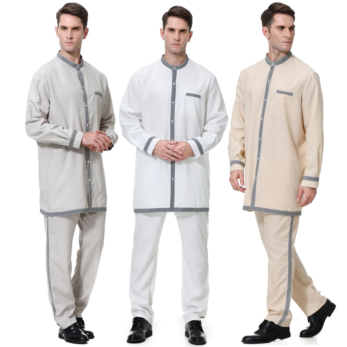 

Khaki Muslim robe 2-piece men's suit with round neck shirt and trousers loose fit
