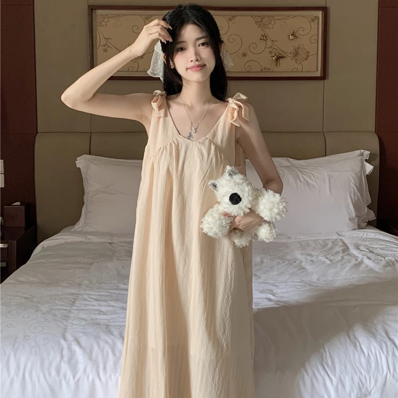 

Jacquard Summer Nightgown Women Bow Sleeveless Long Sleepwear Loose Casual Night Wear Korean Cotton V-Neck Simple Sweet Oversize